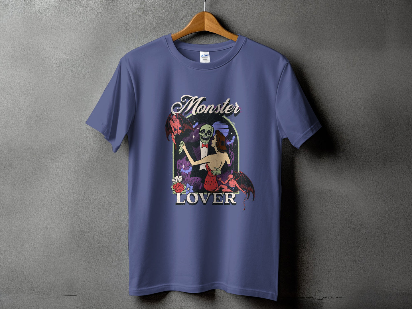 T-shirt with "Monster Lover" text and a vintage illustration of a skull and woman dancing.