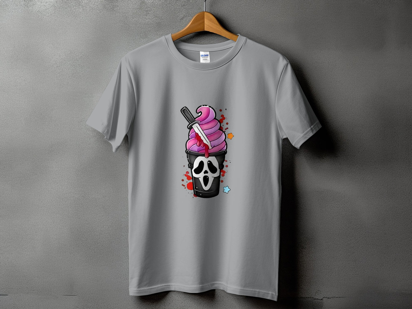 T-shirt with ghost ice cream cone design and bloody knife.