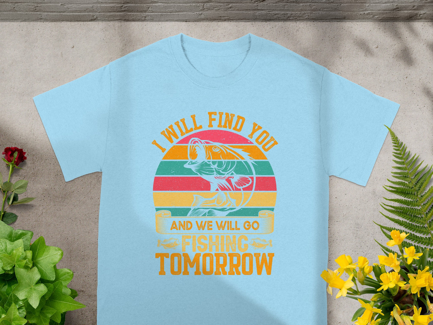 Light blue t-shirt featuring a retro graphic of a bass fish and text about fishing tomorrow.