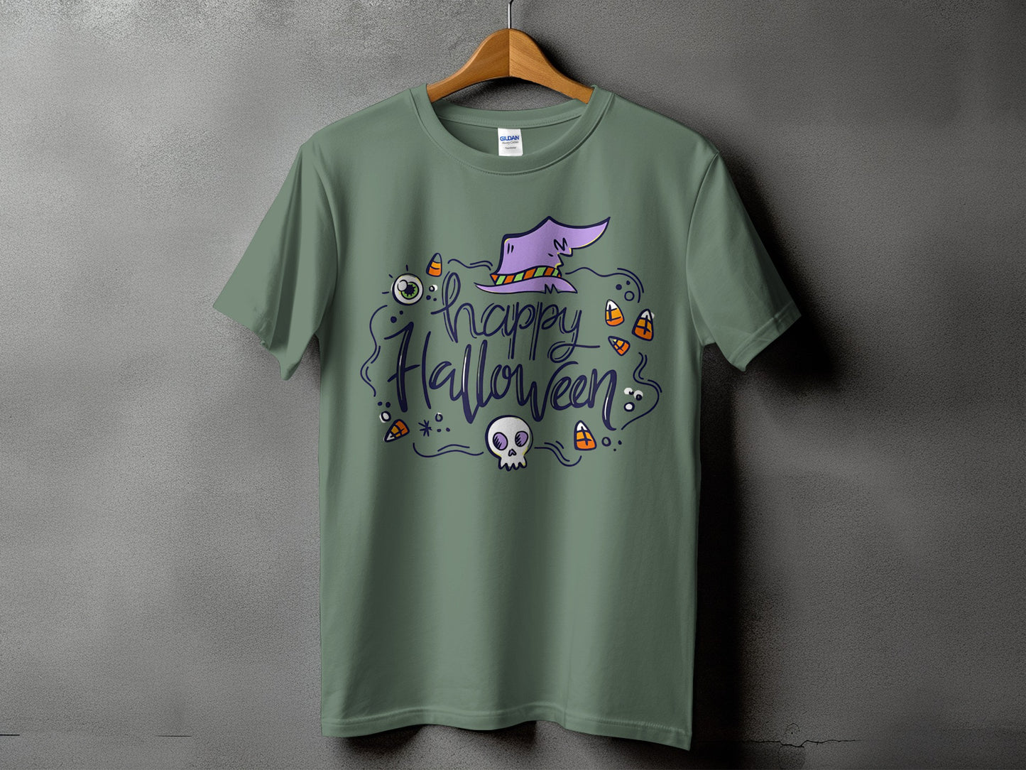 Green t-shirt with "Happy Halloween" text, witch hat, skull, and candy corn graphic.