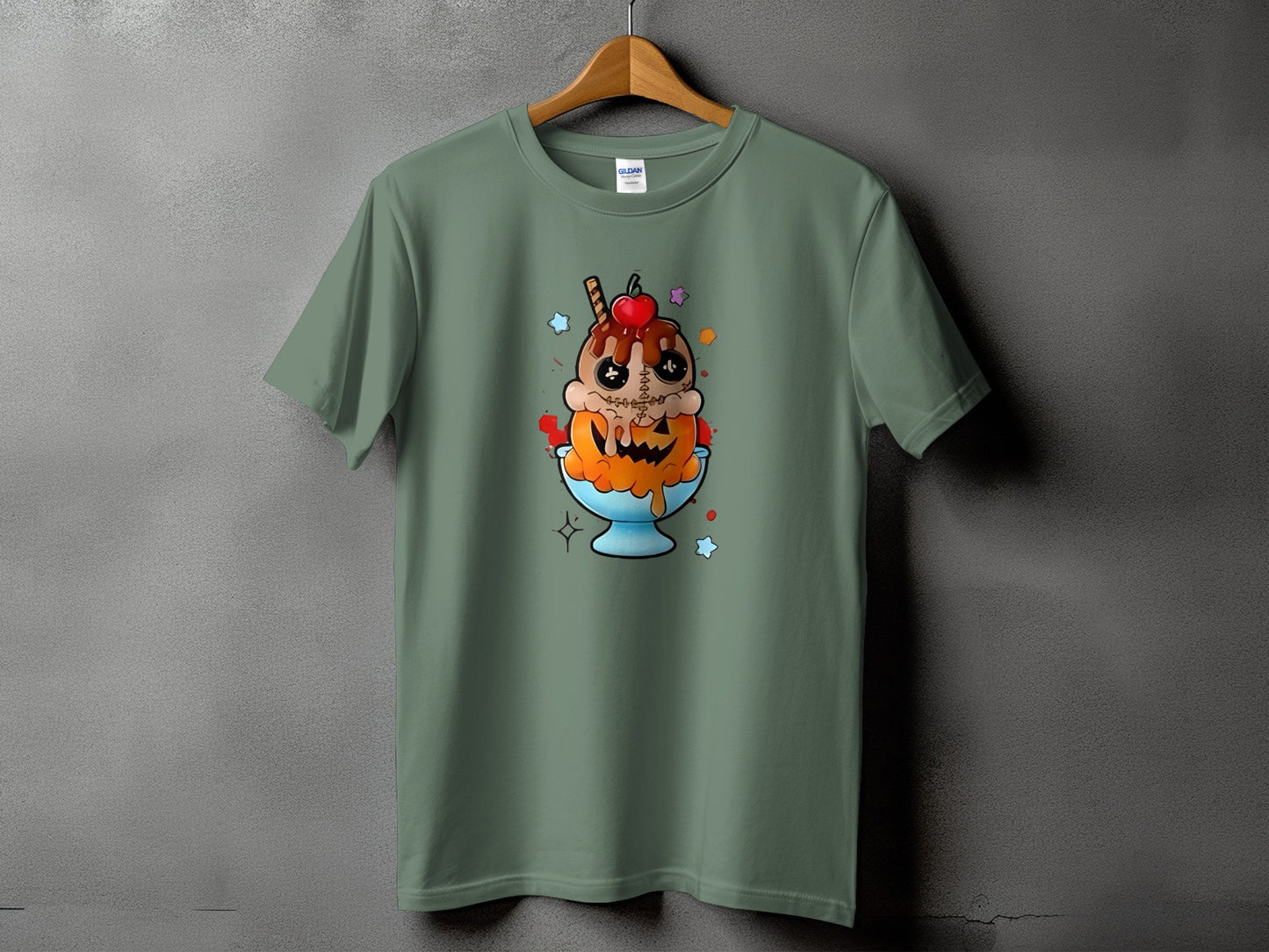 Green t-shirt with a Halloween-themed ice cream sundae graphic.