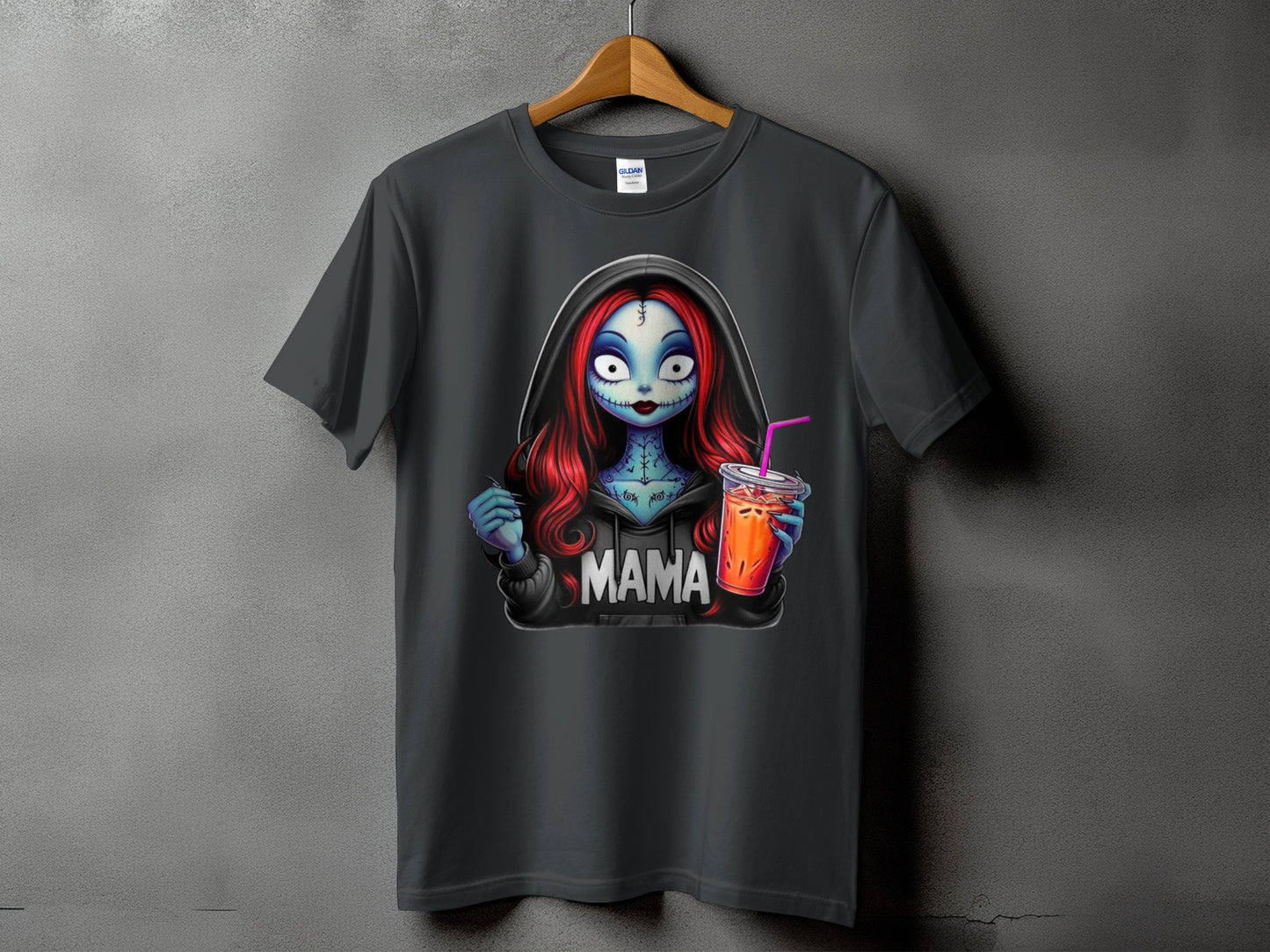 Dark t-shirt with a graphic of Sally from The Nightmare Before Christmas holding a drink.