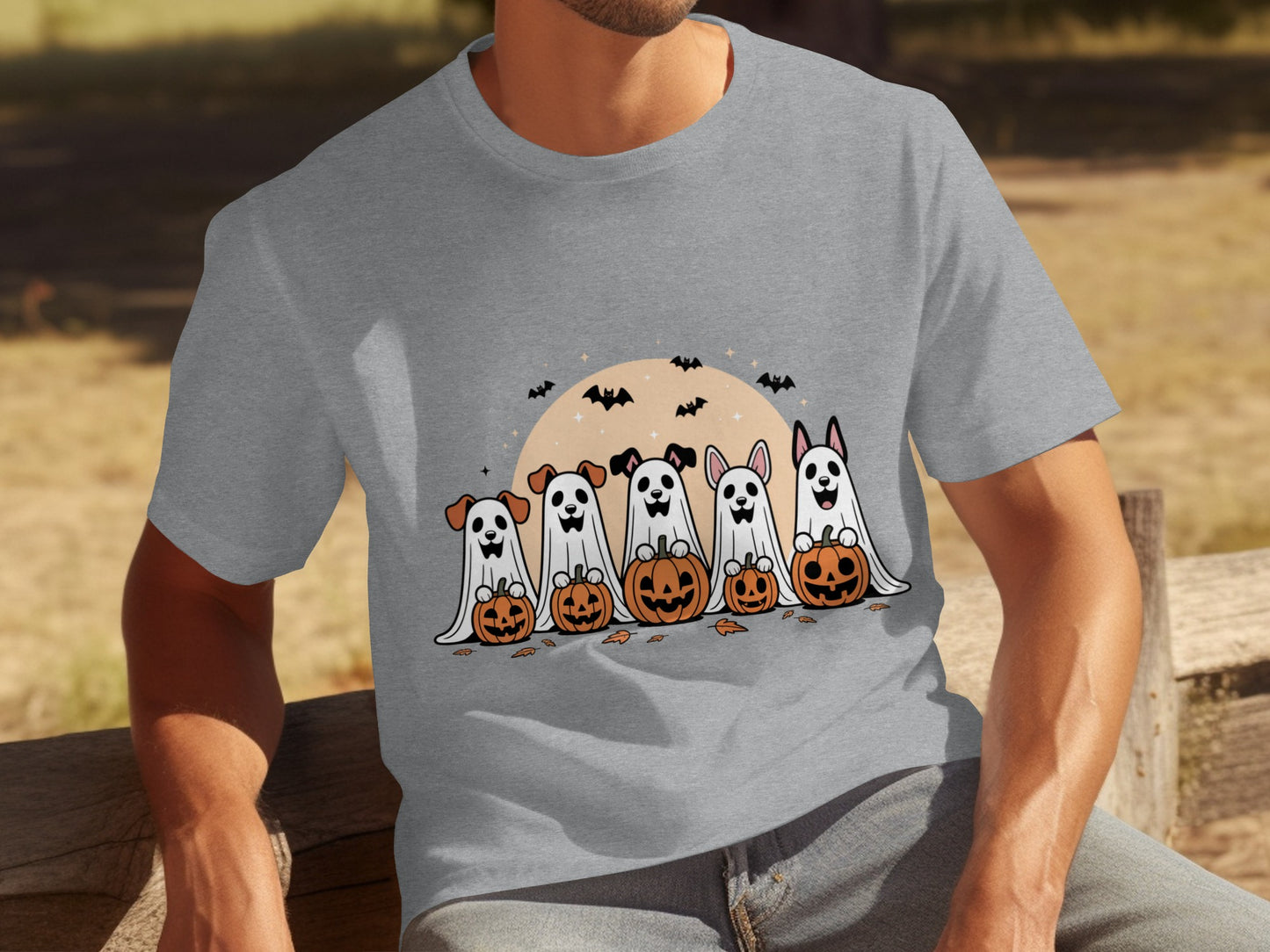 Halloween Ghost Dogs with Pumpkins Graphic T-Shirt