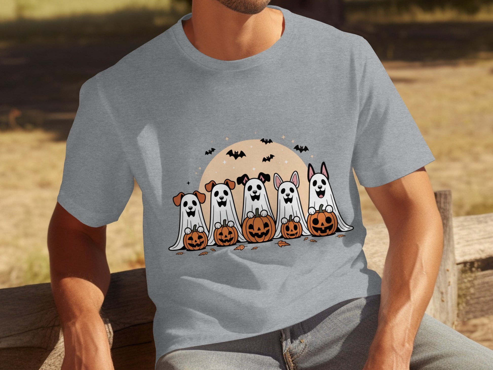 Halloween Ghost Dogs with Pumpkins Graphic T-Shirt