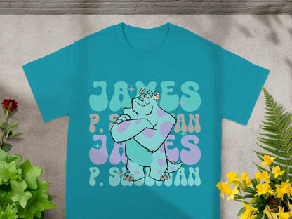 Teal t-shirt with "James P. Sullivan" text in a playful font.