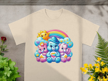 Three colorful Care Bears with a rainbow and sun on a cream t-shirt.
