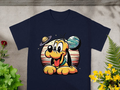 Pluto character with planet and stars graphic on navy t-shirt.