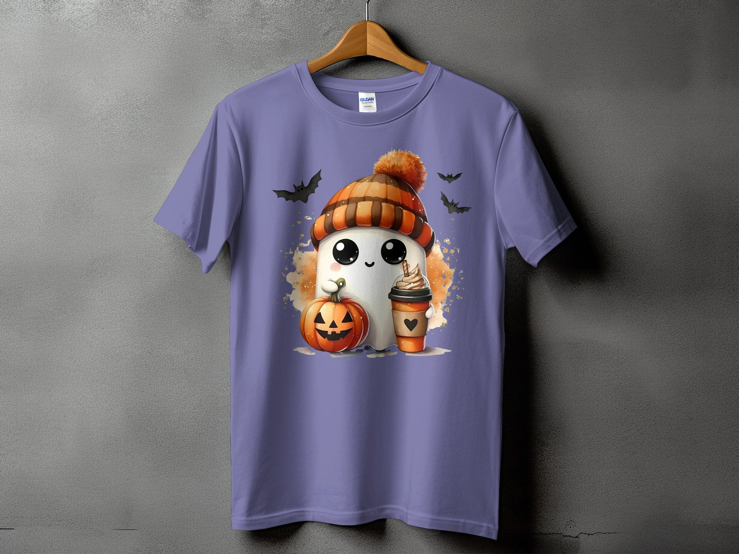 Ghost character with pumpkin and coffee, wearing a beanie, with bats flying.