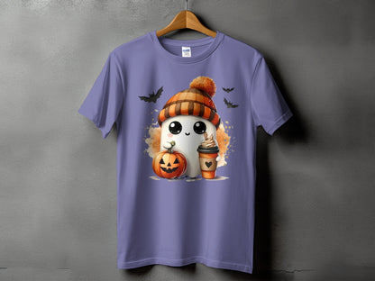 Ghost character with pumpkin and coffee, wearing a beanie, with bats flying.