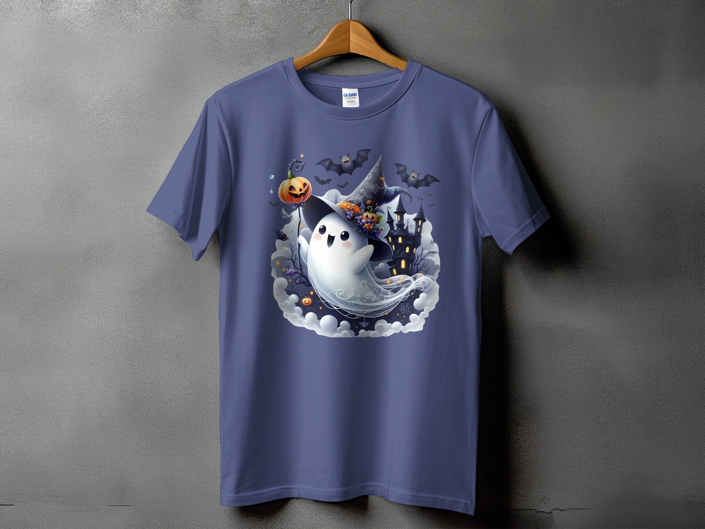 Purple t-shirt with a cute ghost wearing a witch hat and holding a pumpkin.