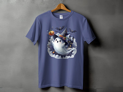 Purple t-shirt with a cute ghost wearing a witch hat and holding a pumpkin.