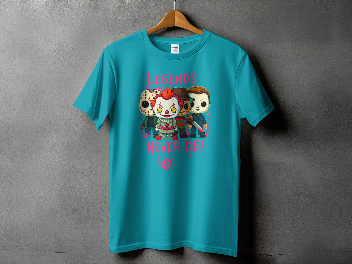 Teal t-shirt with cartoon horror characters and "LEGENDS NEVER DIE!" text.