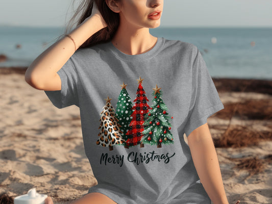 Festive Leopard Plaid Polka Dot Christmas Trees Shirt