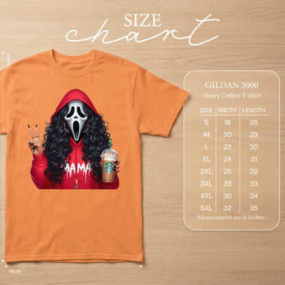 Orange t-shirt with Ghostface character holding Starbucks and making peace sign. Size chart included.