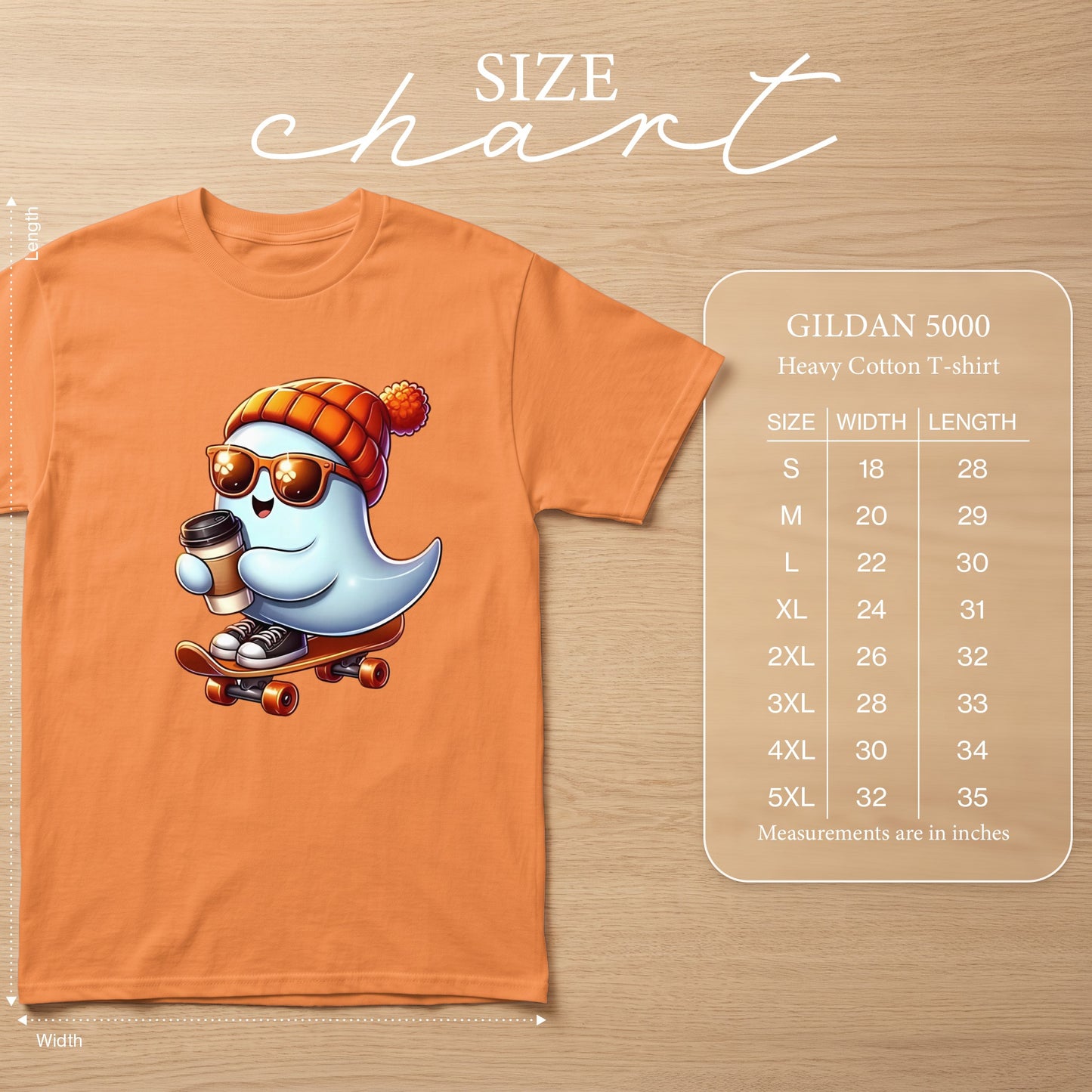 Orange t-shirt with ghost graphic, size chart for Gildan 5000 heavy cotton t-shirt.