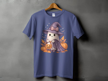 T-shirt with a cute ghost wearing a witch hat holding a pumpkin basket.