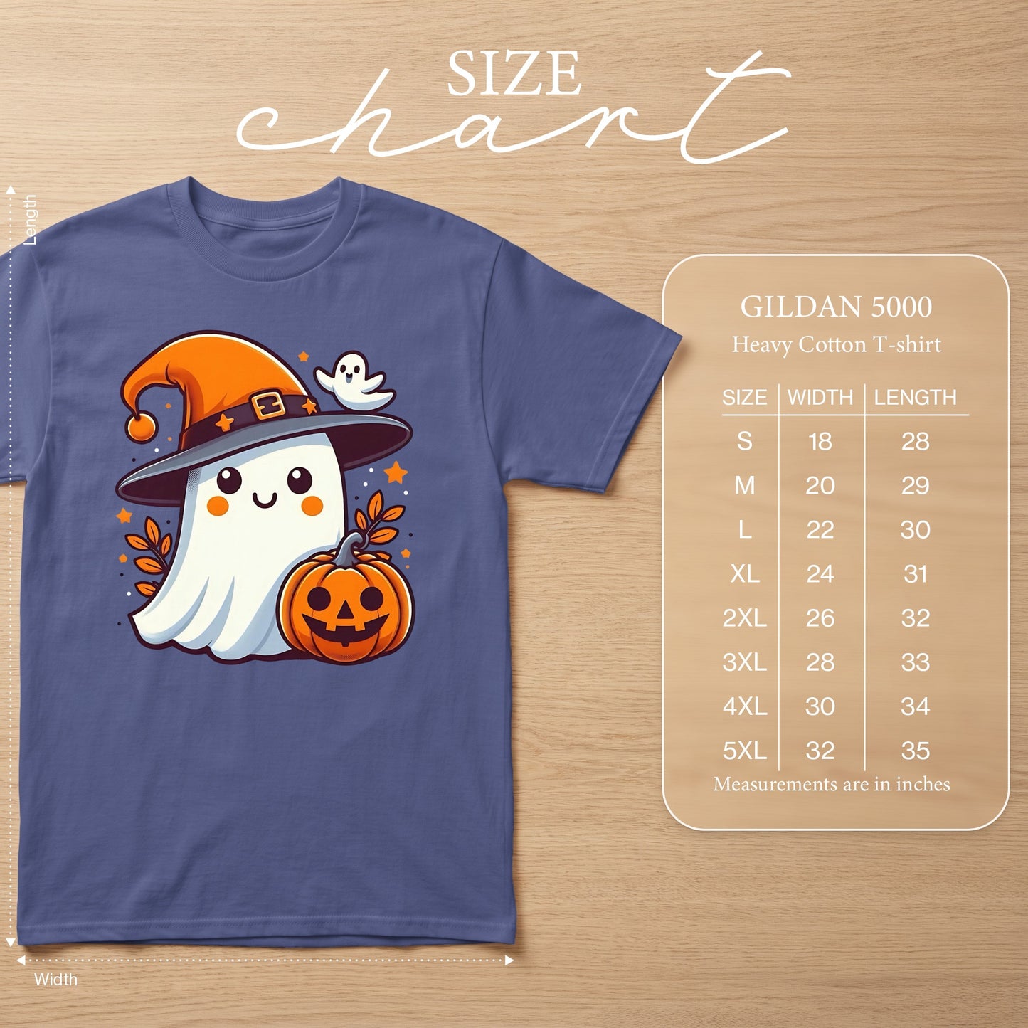 Gildan 5000 Heavy Cotton t-shirt size chart with ghost graphic and pumpkin.