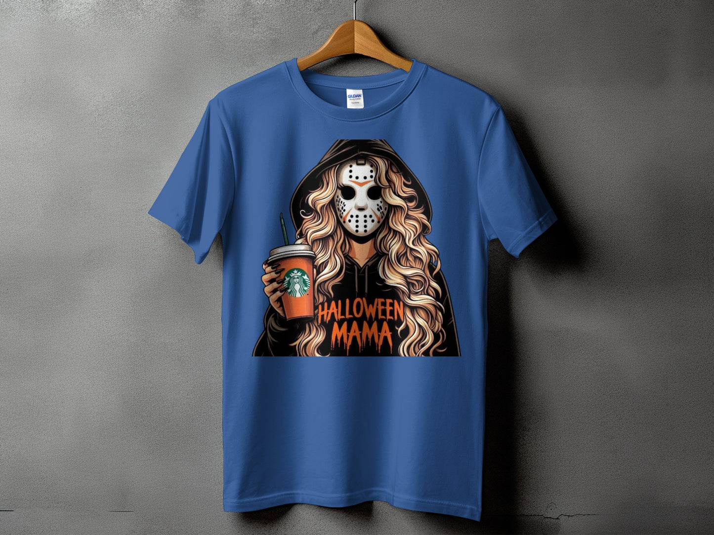 T-shirt with graphic of woman in hockey mask holding Starbucks cup, text Halloween Mama.