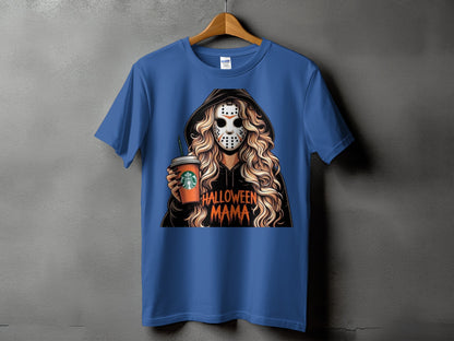 T-shirt with graphic of woman in hockey mask holding Starbucks cup, text Halloween Mama.