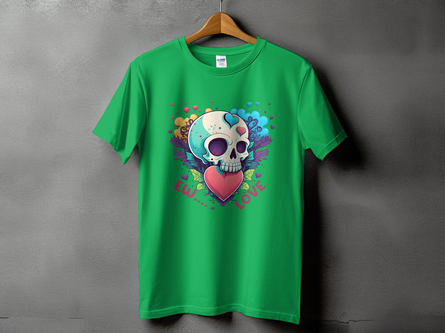 Green t-shirt with a skull holding a heart and colorful hearts.