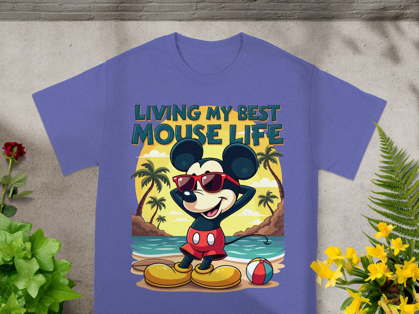Mickey Mouse on beach with text "LIVING MY BEST MOUSE LIFE"