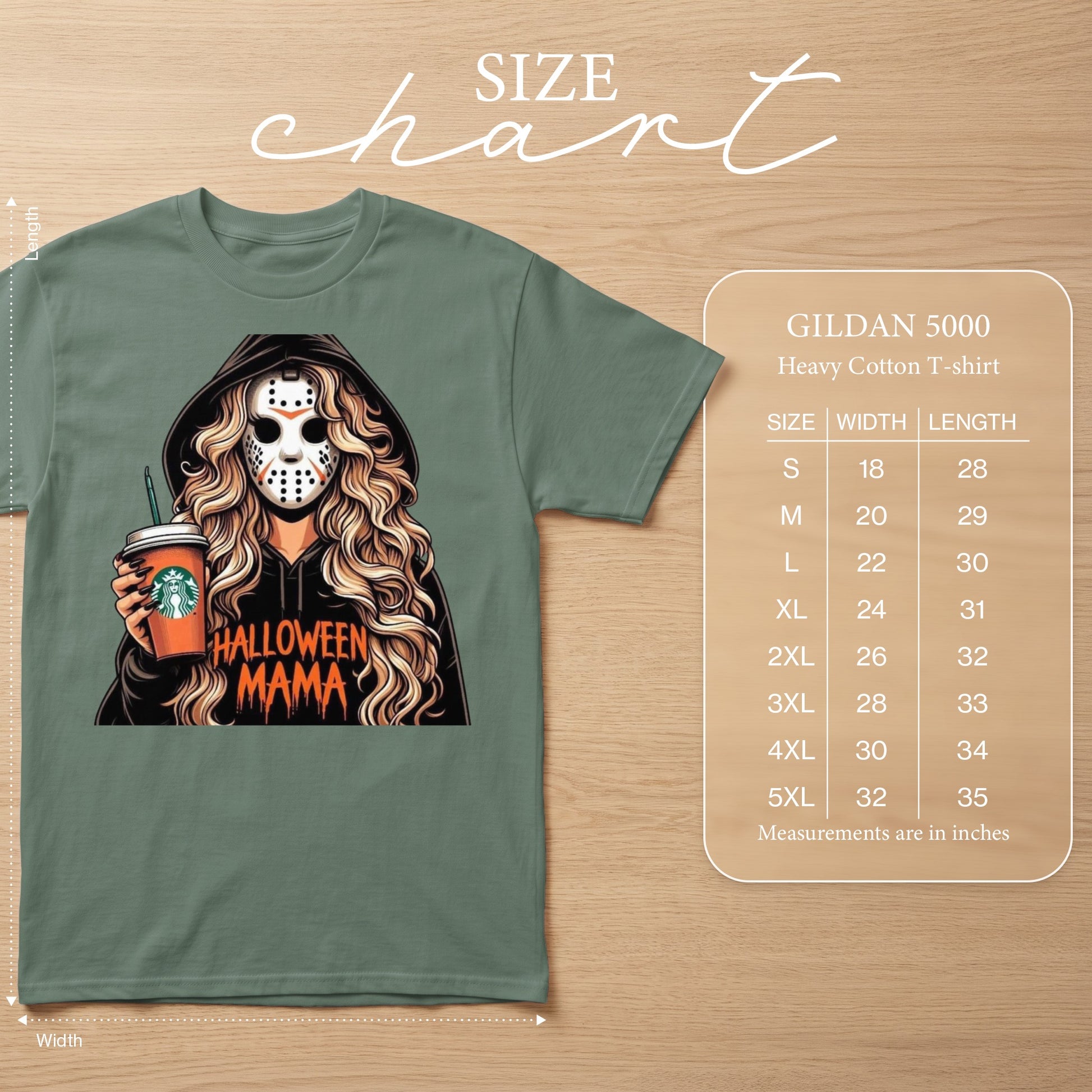 Green Gildan 5000 t-shirt with Halloween Mama graphic and size chart.
