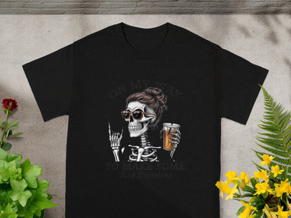 Funny Skeleton Drinking Coffee T-Shirt for Casual Wear