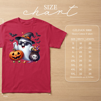 Red Gildan 5000 t-shirt with a cute Halloween ghost graphic and size chart.