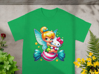 Green t-shirt with cartoon fairy hugging Hello Kitty on candy.