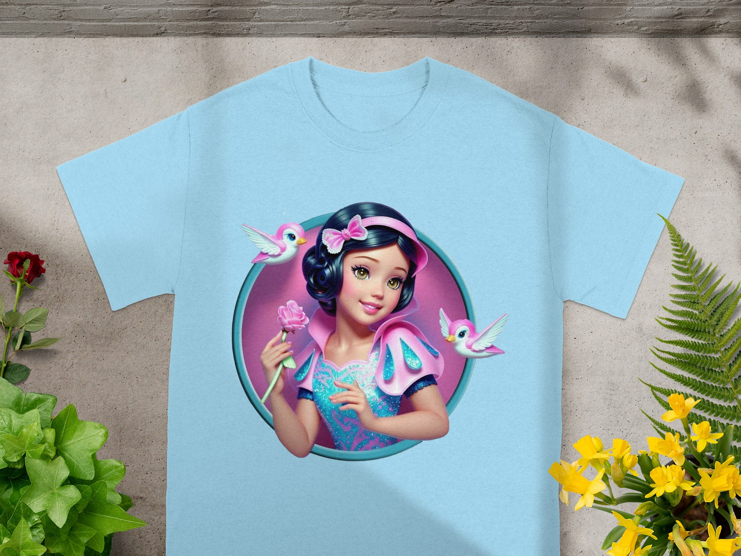 Light blue t-shirt with Snow White illustration and pink birds.