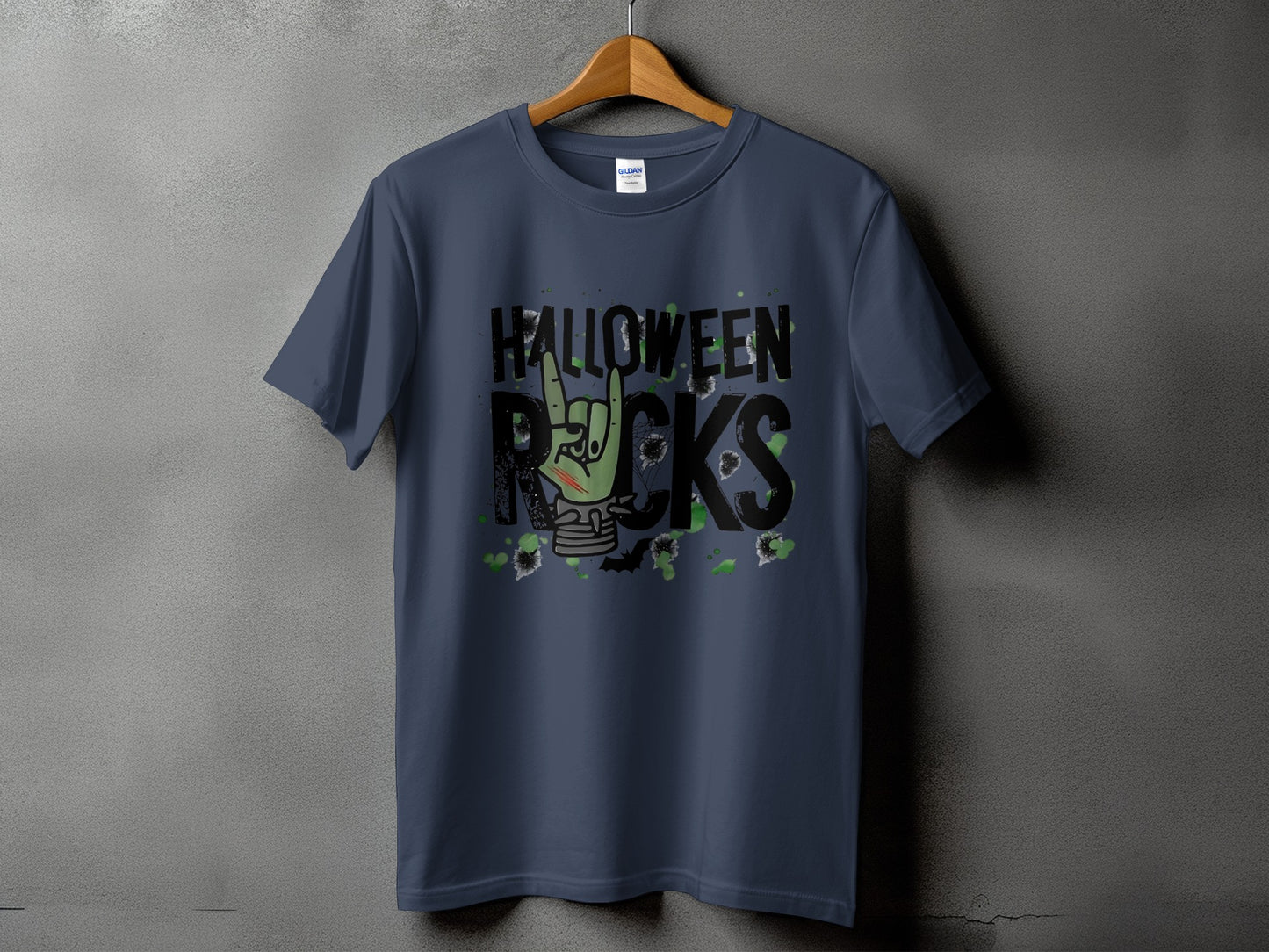 Dark blue t-shirt with "Halloween Rocks" graphic featuring a green hand making a rock-on gesture.