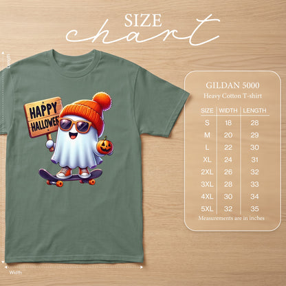 Ghost on skateboard with "Happy Halloween" sign, Gildan 5000 size chart.