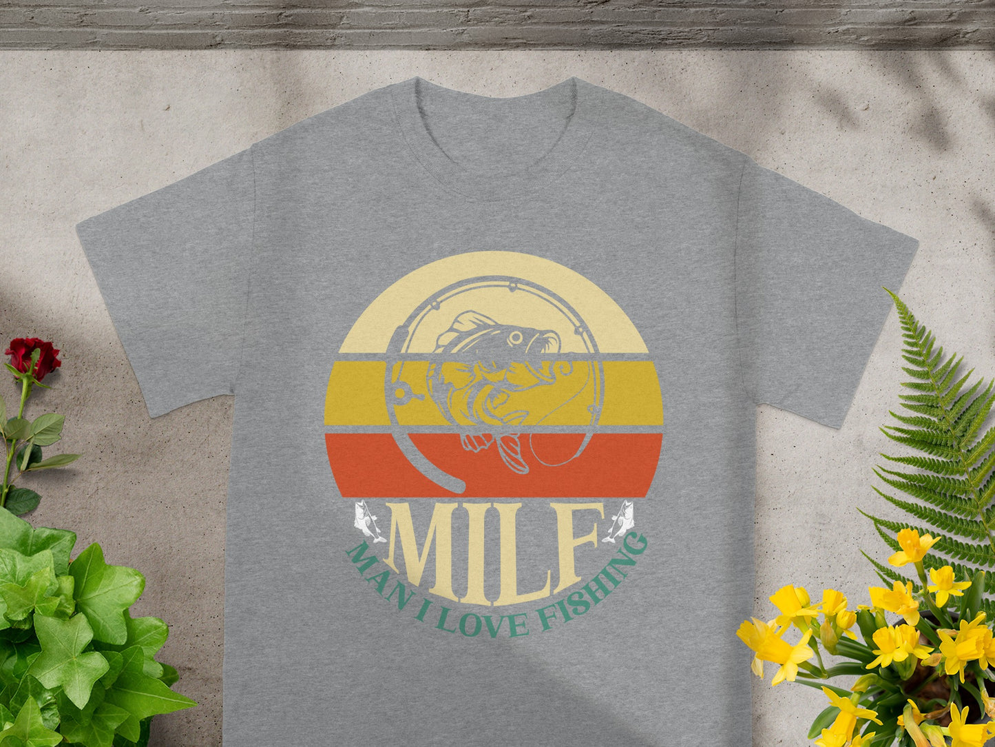 Grey t-shirt with a graphic of a fish and "MILF Man I Love Fishing" text.