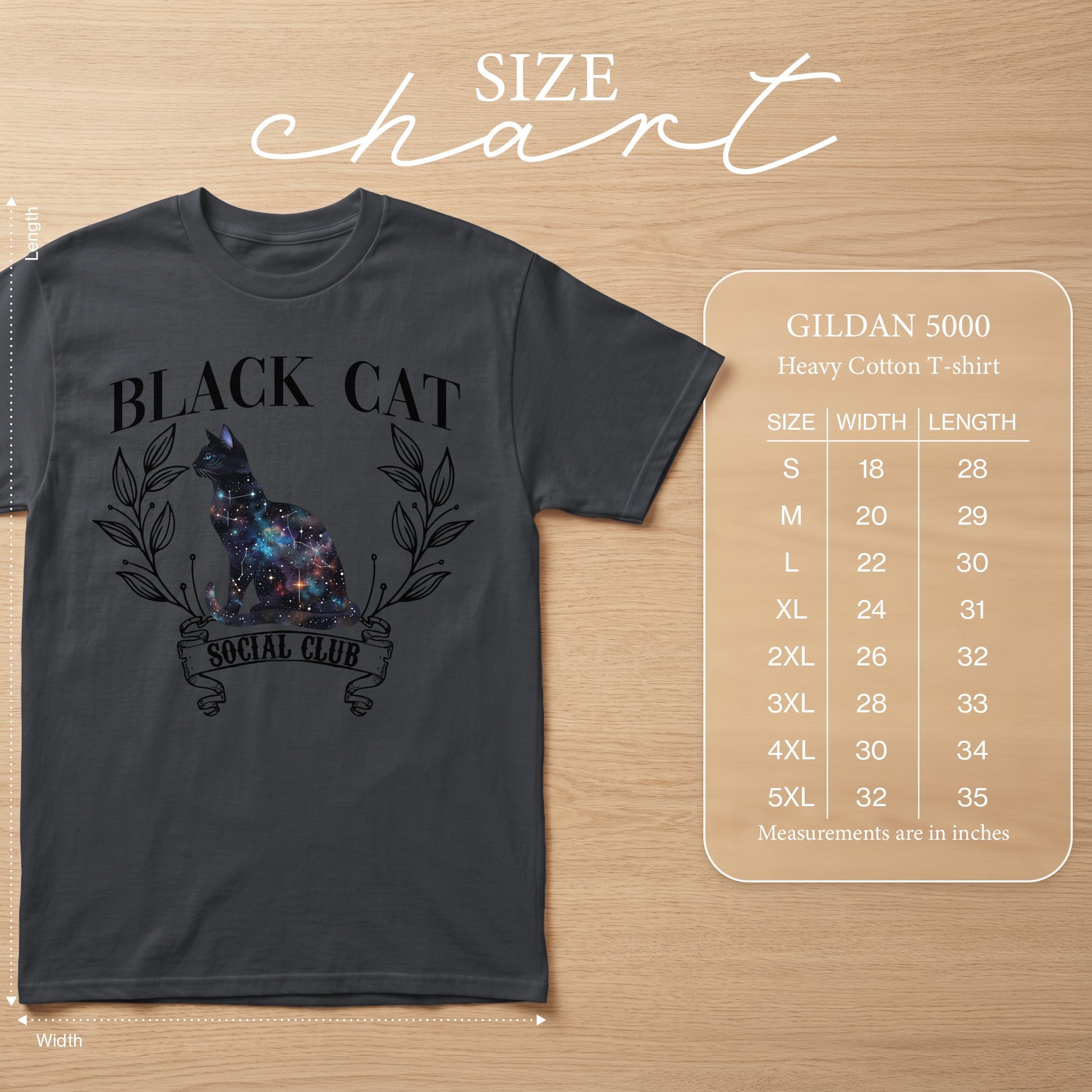 Gildan 5000 size chart for heavy cotton t-shirts with galaxy cat graphic.