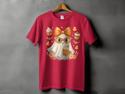 Red t-shirt with a cute ghost wearing glasses and a bow surrounded by Halloween treats.