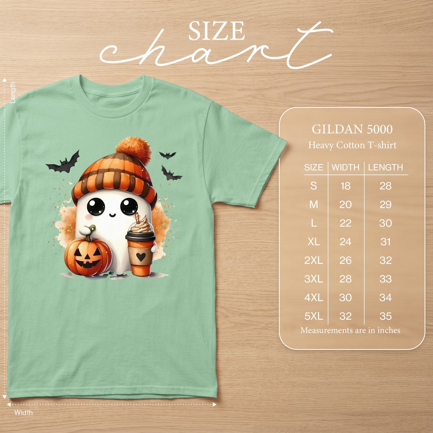 Ghost with pumpkin and coffee, Gildan 5000 Heavy Cotton T-shirt size chart.