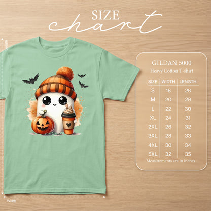 Ghost with pumpkin and coffee, Gildan 5000 Heavy Cotton T-shirt size chart.