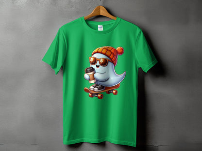 Green t-shirt with a cartoon ghost wearing sunglasses, a beanie, and riding a skateboard.
