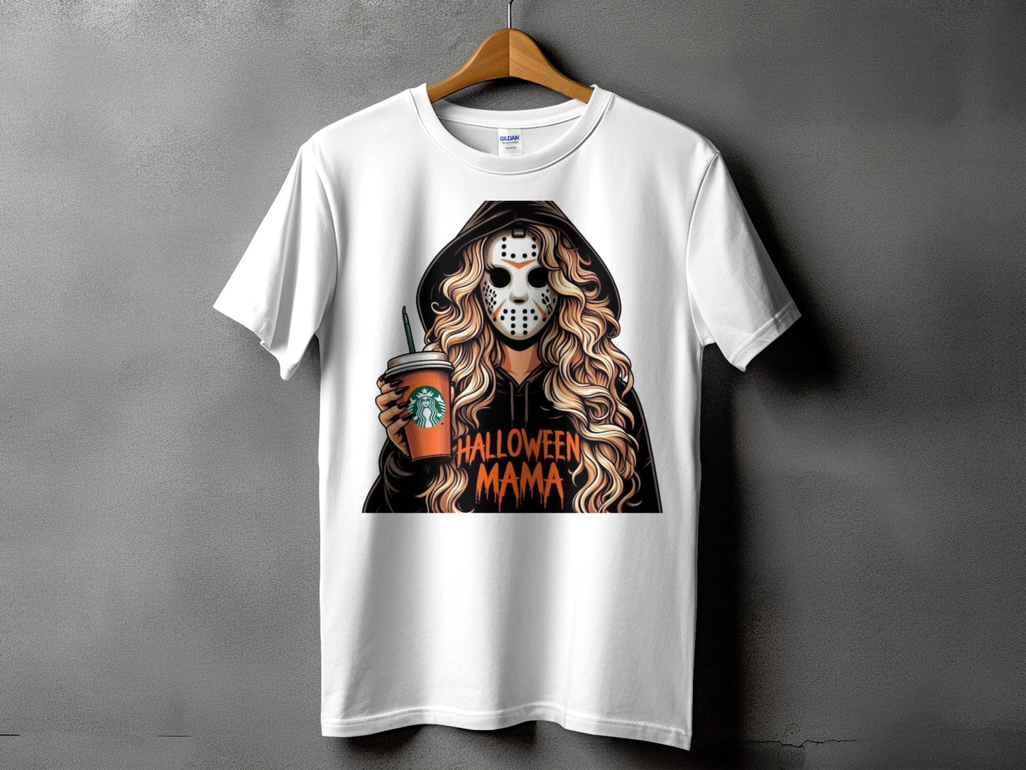 White t-shirt with Halloween Mama graphic of woman in mask holding coffee cup.