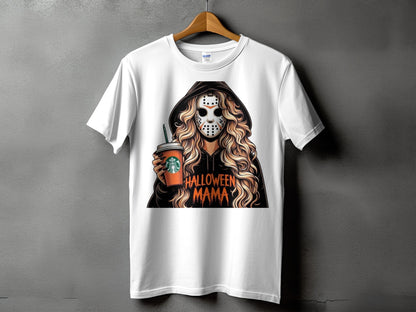 White t-shirt with Halloween Mama graphic of woman in mask holding coffee cup.