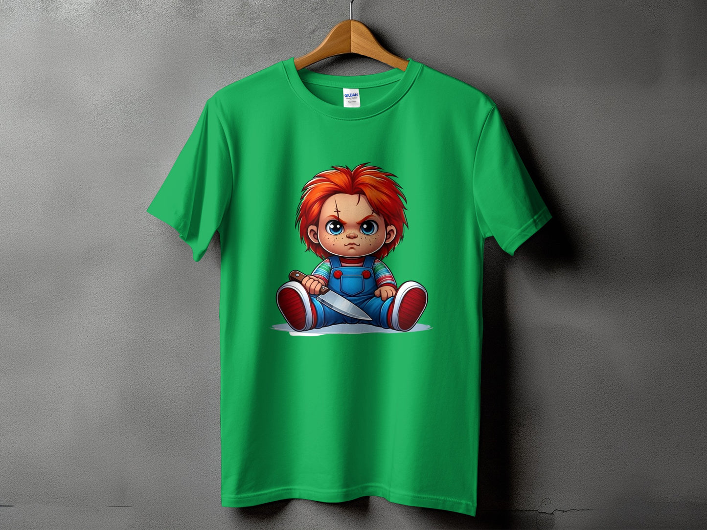 Green t-shirt with Chucky character design holding a knife.