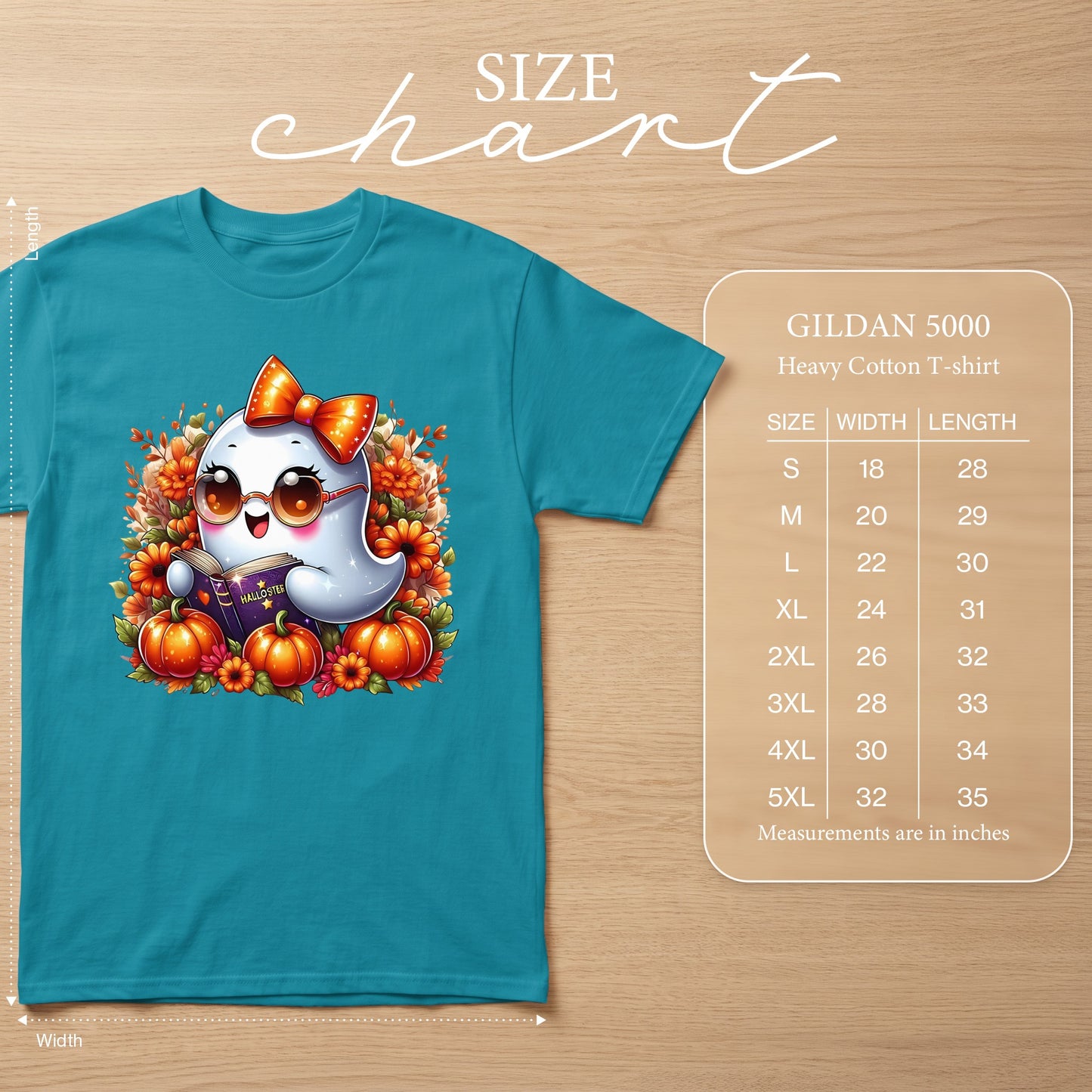 Teal t-shirt with cute ghost reading a book and autumn flowers. Gildan size chart.