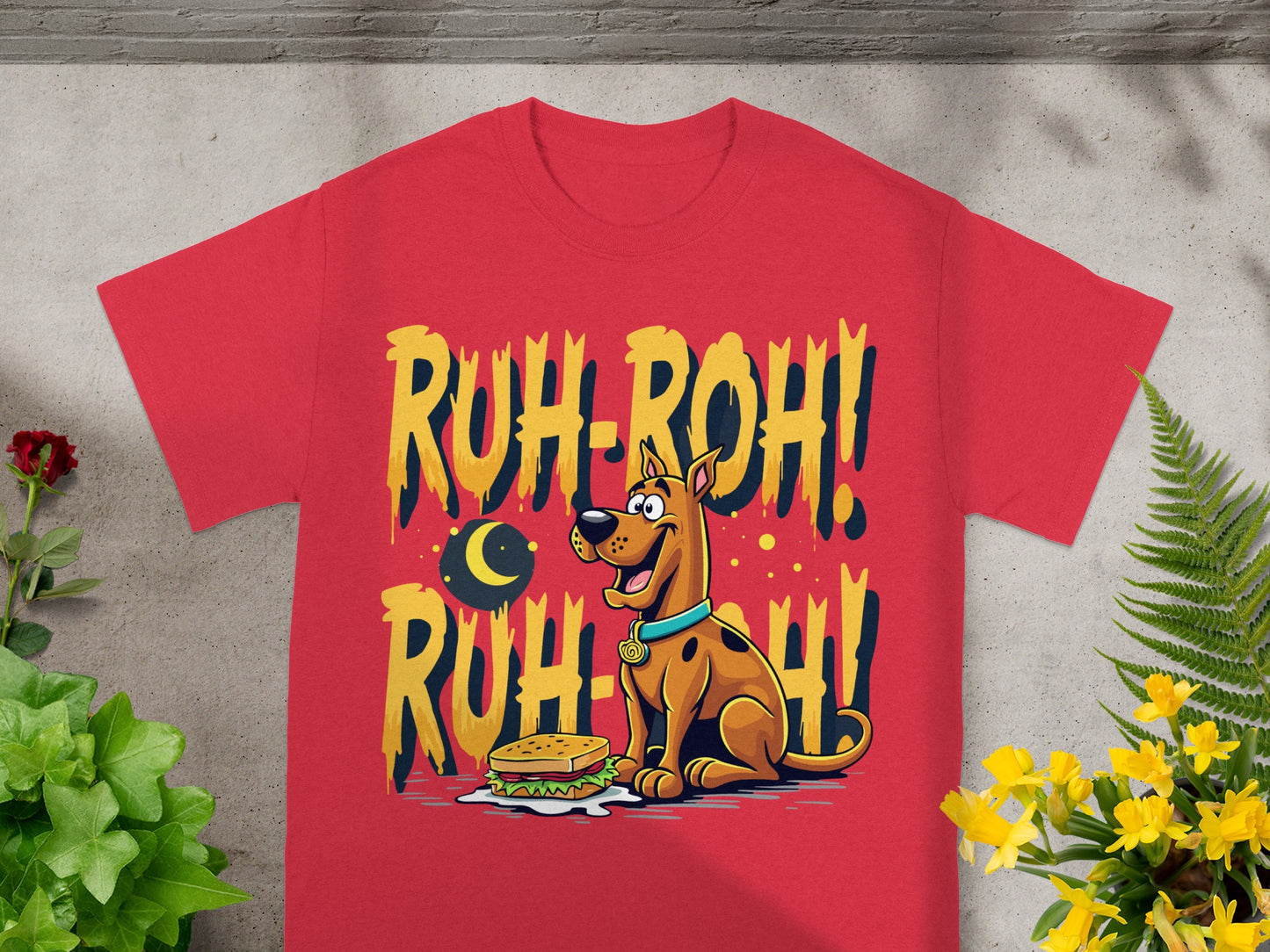 Scooby-Doo cartoon on red t-shirt with "Ruh-Roh!" text and a sandwich.