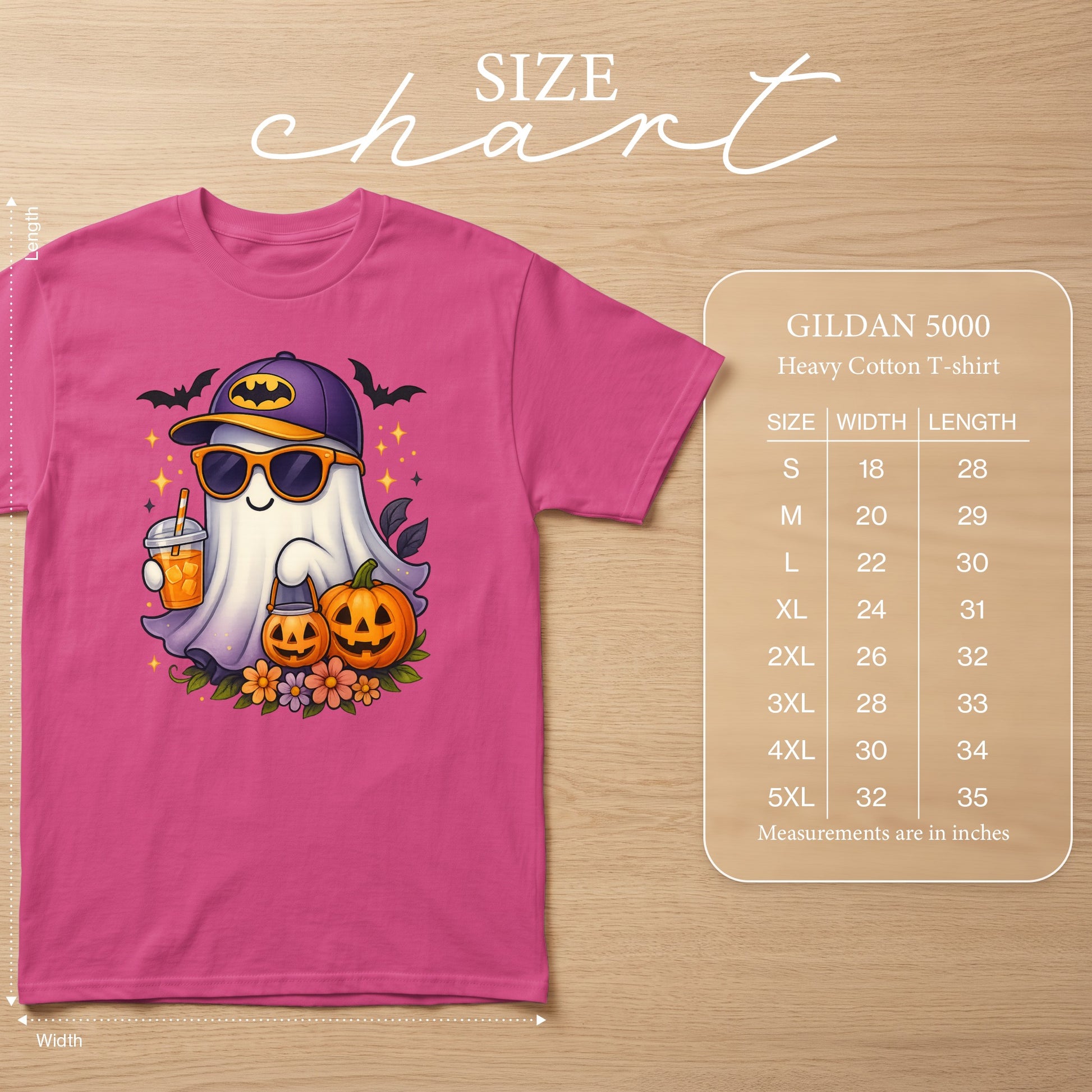 Pink Gildan 5000 Heavy Cotton t-shirt with a Halloween ghost graphic and size chart.
