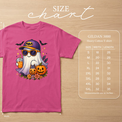 Pink Gildan 5000 Heavy Cotton t-shirt with a Halloween ghost graphic and size chart.