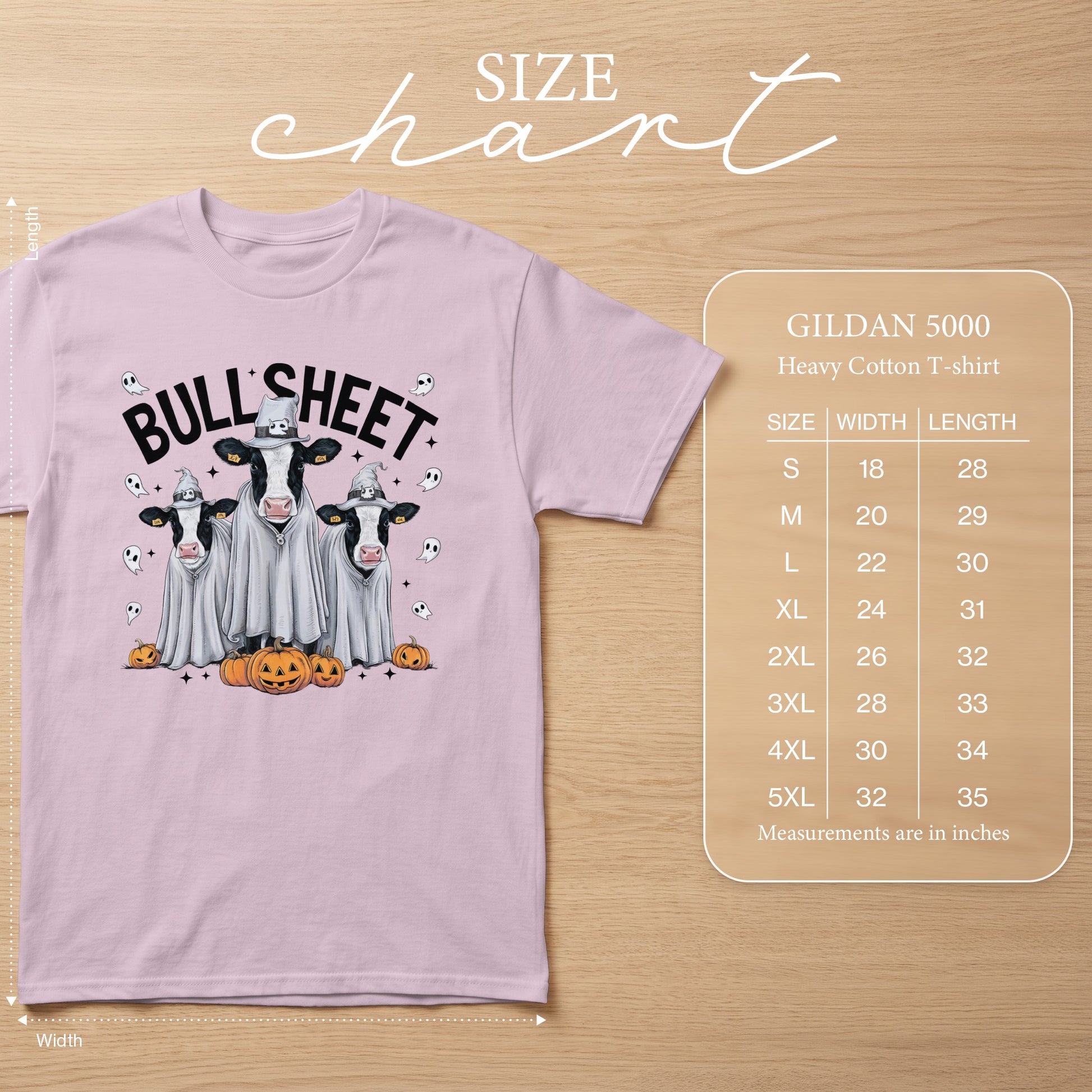 Pink t-shirt with "BULLSHEET" text and cows dressed as ghosts. Size chart provided.