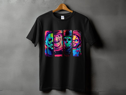 Black t-shirt with colorful horror movie characters in panels.