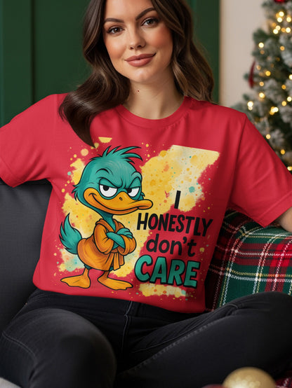 Red t-shirt with cartoon duck saying "I HONESTLY DON'T CARE."