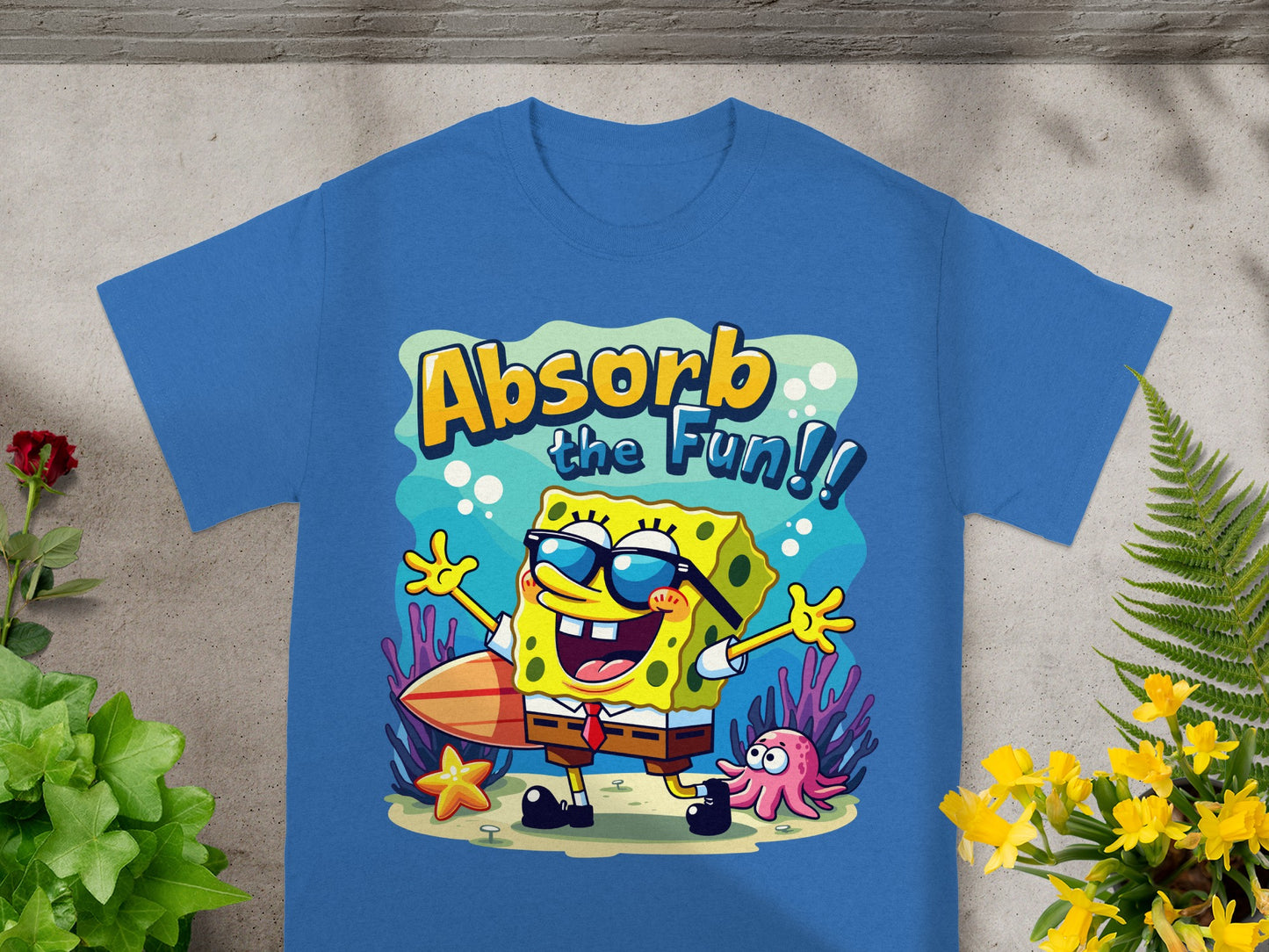 SpongeBob SquarePants in sunglasses with surfboard and text "Absorb the Fun!!"
