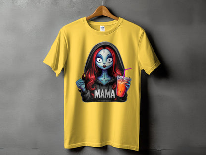 Yellow t-shirt with a graphic of a blue-skinned woman with red hair holding a drink.